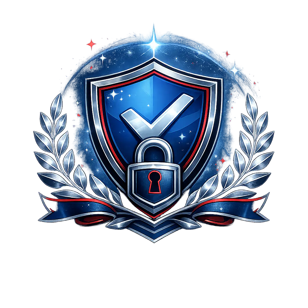 Een beveiligingsembleem met een blauw schild en een wit vinkje in het midden, waaronder een hangslotpictogram. Het schild is omlijst door zilveren laurierbladeren en de achtergrond is versierd met glitters, fonkels en een lichtflits aan de bovenkant. De afbeelding benadrukt thema's als gegevensbescherming, vertrouwen, verificatie en de betrouwbaarheid van online diensten.