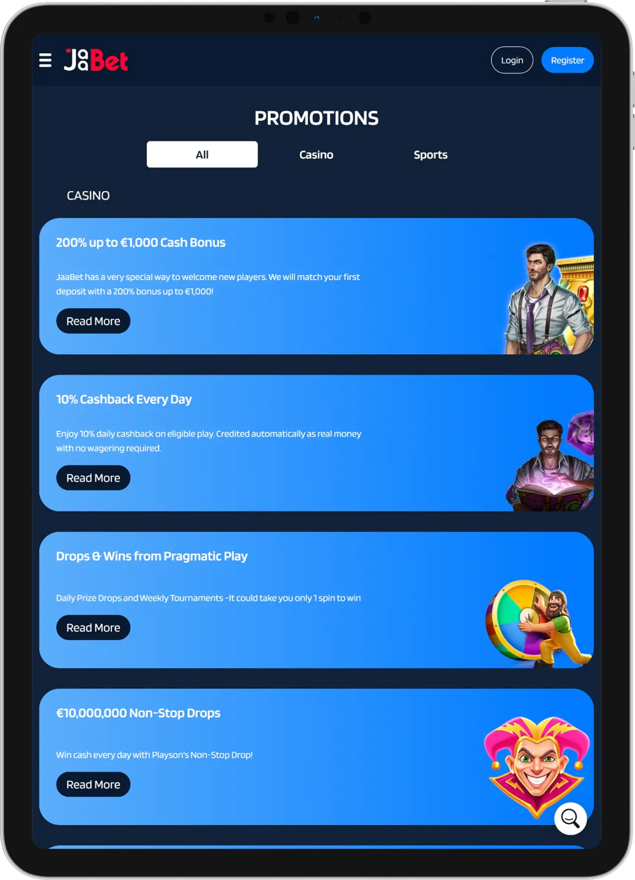 Een tabletscherm met de promotiepagina van een online casino: diverse kleurrijke promotiekaarten, waaronder een welkomstbonus van 200% tot €1.000, 10% dagelijkse cashback, Drops & Wins en loterijen met grote prijzen. De achtergrond toont een blauwe interface en spelpersonages. De afbeelding benadrukt de verscheidenheid aan bonussen en aanbiedingen die beschikbaar zijn voor spelers.