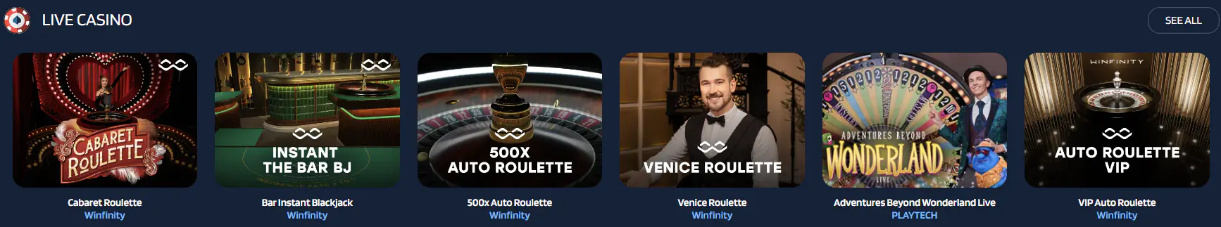 Een promotiebanner voor een live casino met zes speltegels: roulette, blackjack en een showversie. De getoonde spellen zijn Cabaret Roulette, Bar Instant Blackjack, 500x Auto Roulette, Venice Roulette, Adventures Beyond Wonderland Live en VIP Auto Roulette. De afbeeldingen tonen dealers, roulettewielen en thematische achtergronden. De banner benadrukt de verscheidenheid aan live spellen en de toegang tot een echte casino-ervaring.