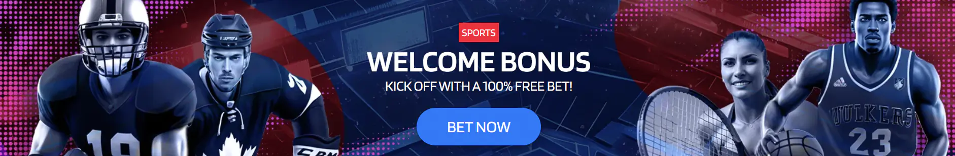 Een promotionele banner van een sportplatform met dynamische afbeeldingen van atleten – een voetballer, een hockeyer, een tennisser en een basketballer – tegen een blauw-rode stadionachtergrond. Centraal staat een welkomstbonus voor sportliefhebbers met een 100% gratis weddenschap en een 'Wed nu'-knop. De afbeelding benadrukt de spanning, dynamiek en de startvoordelen voor nieuwe spelers.